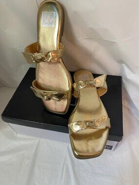 DV by Dolce Vita "Medford" Two-Strap Bow Flat Sandals – Metallic Gold size 9